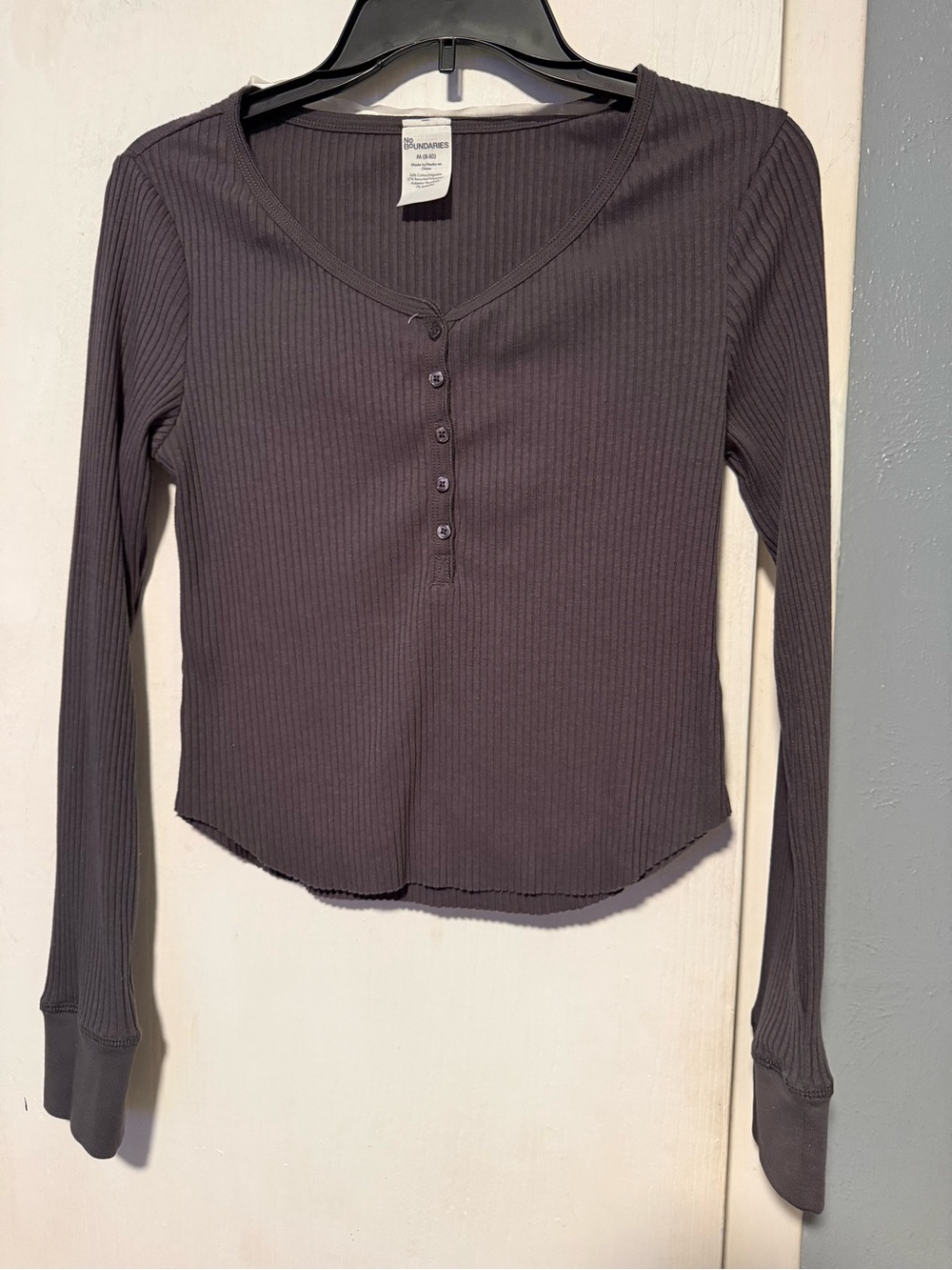 Charcoal Ribbed Henley Long Sleeve Top